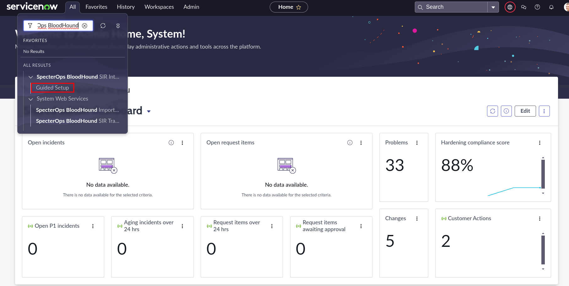 A view of the ServiceNow user interface showing the process of navigating to the Guided Setup page for the SpecterOps BloodHound integration app.