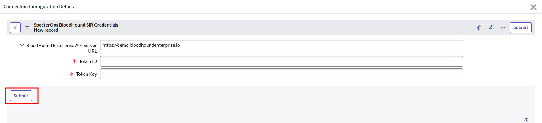 A view of the ServiceNow user interface showing the form for entering BloodHound Enterprise tenant URL and API credentials.