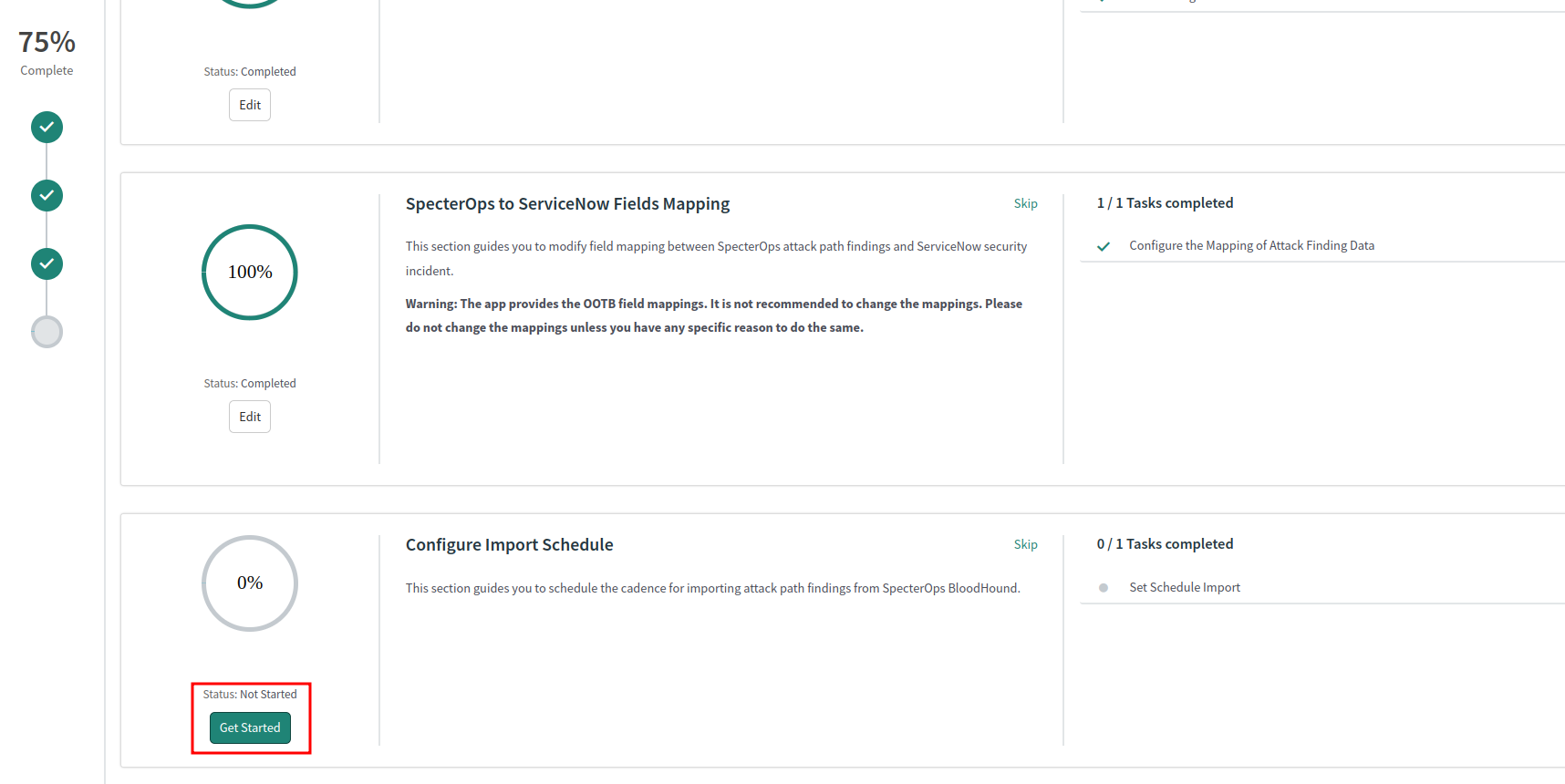 A view of the ServiceNow user interface showing the guided setup for configuring the import schedule for fetching attack path findings from BloodHound Enterprise.