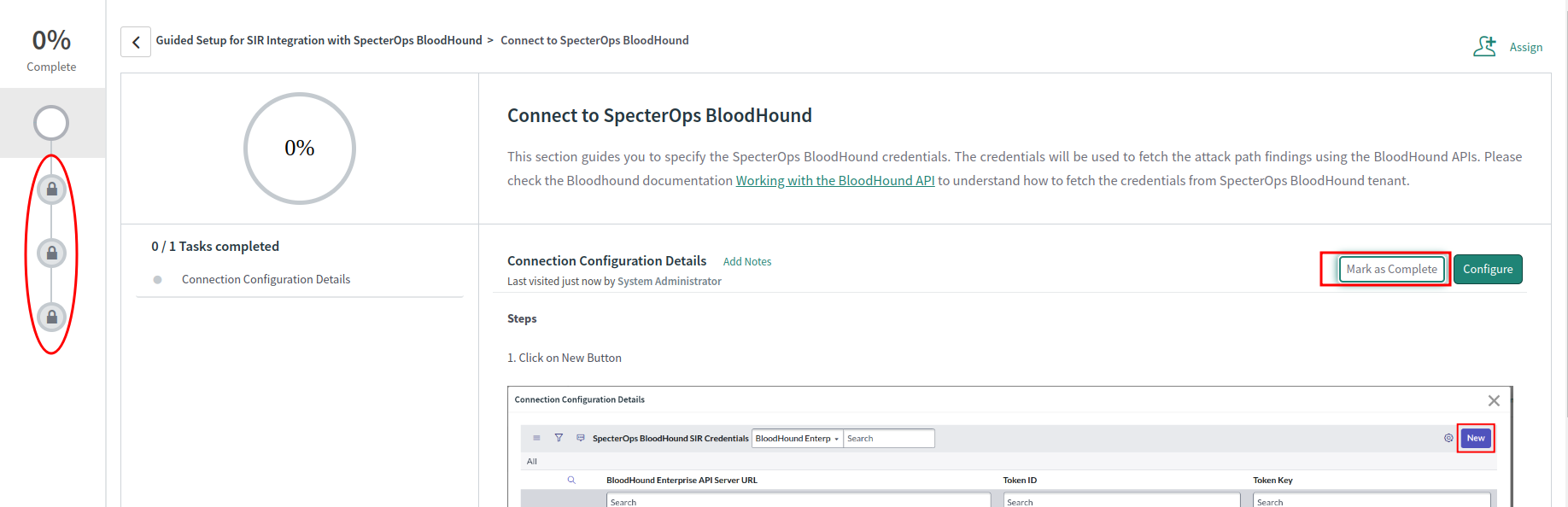 A view of the ServiceNow user interface showing the process of marking the Connect to BloodHound Enterprise step as complete in the guided setup.