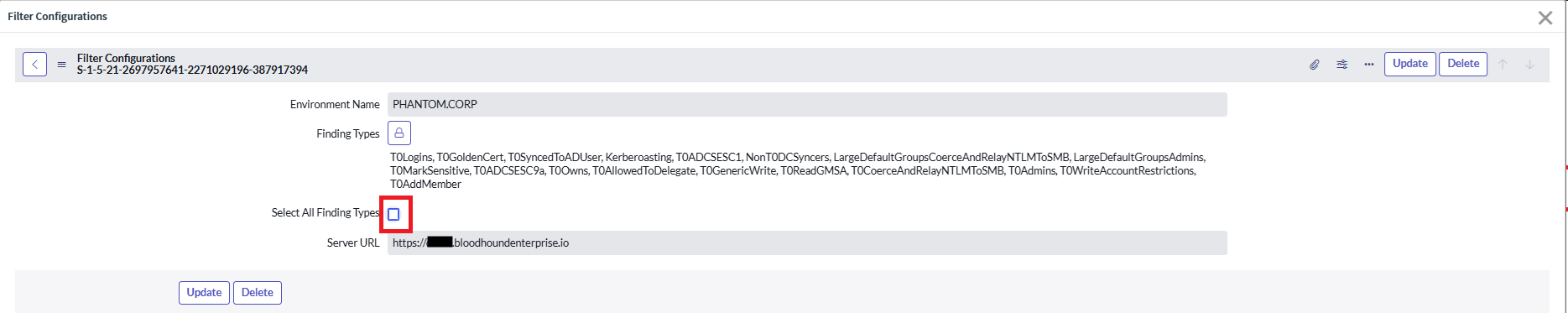 A view of the ServiceNow user interface showing the process of selecting all attack types.